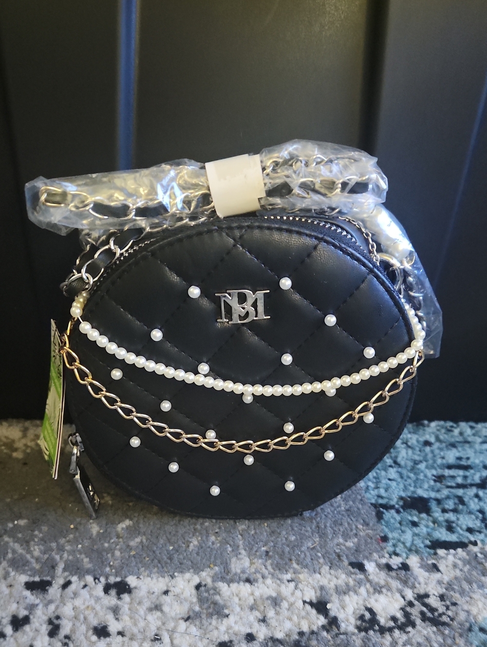 Mini Badgley Mischka Black Quilted Round Crossbody with Pearls & Chains